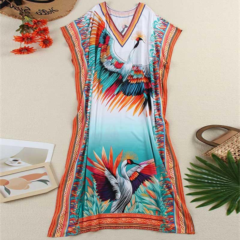 EDOLYNSA Sexy zahalení do plavek Velká velikost Kaftan 2024 Ženy Elegantní jeřábový potisk Plážové šaty s výstřihem do V Netopýr s rukávem Letní útulné domácí oblečení Q16744