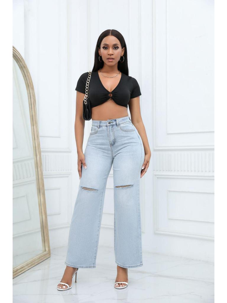 2023 Trendy European & American Ripped Bell Bottom Mid-Waist Loose Denim Pants for Women