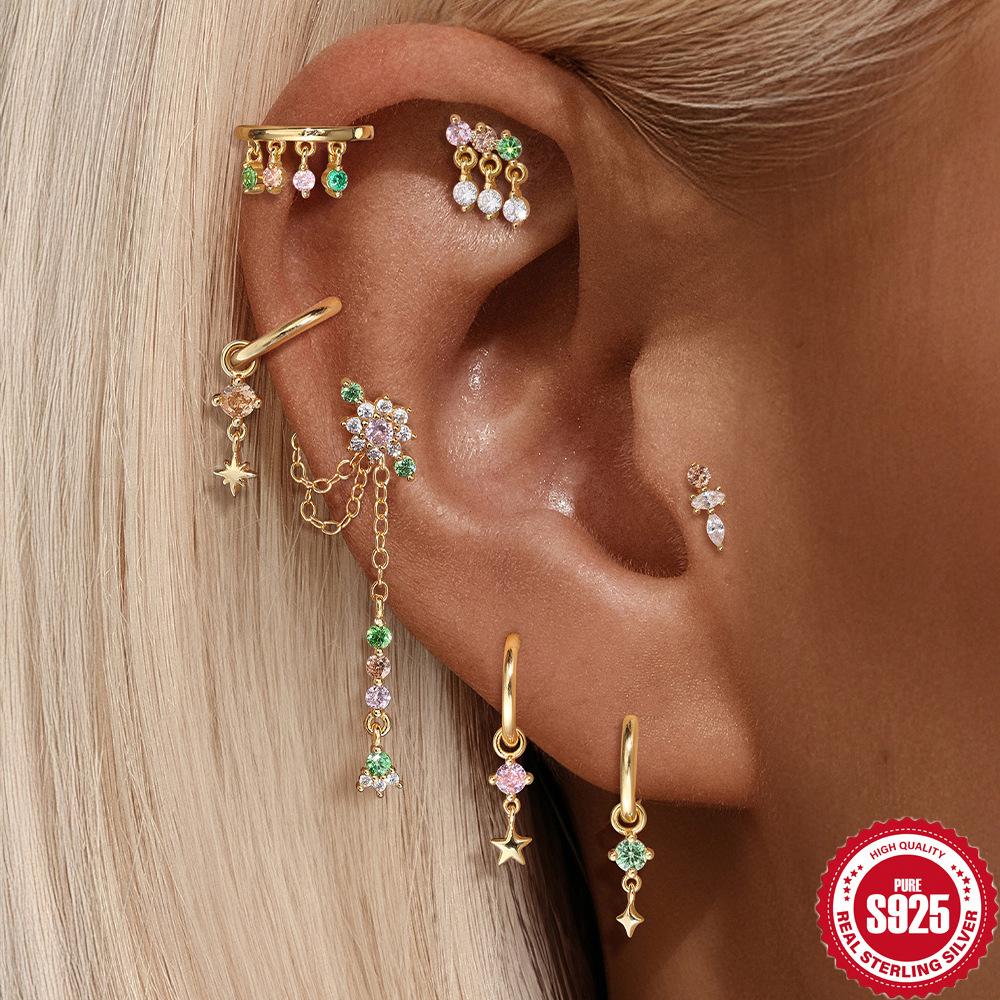 S925 Sterling Silver Daily Wear Quad Star Love Color Flower Diamond Cartilage Spiral Piercing Earrings 2026