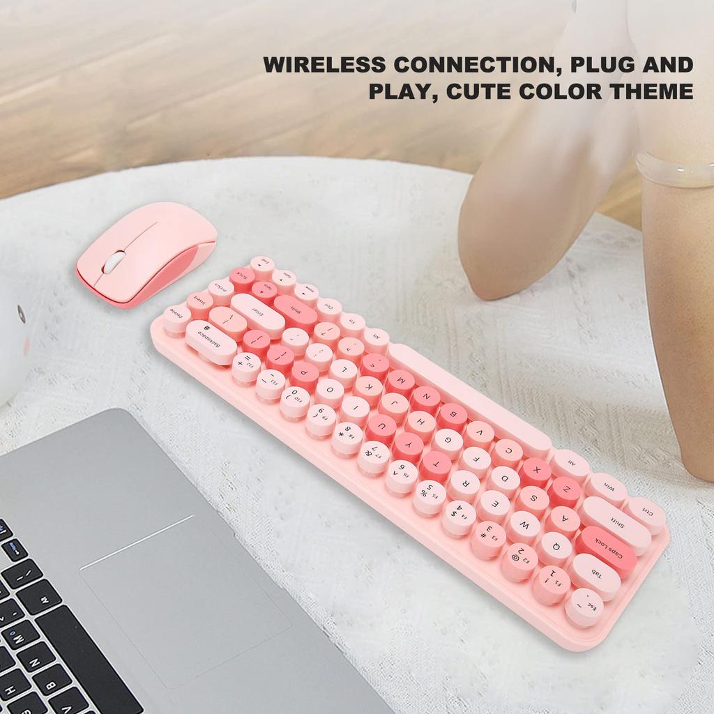 Wireless Keyboard and Mouse Cute Retro Round Keycap Typewriter Keyboard with 3 DPI Wireless Computer Keyboard and Mouse Set for Home Office Combo,
