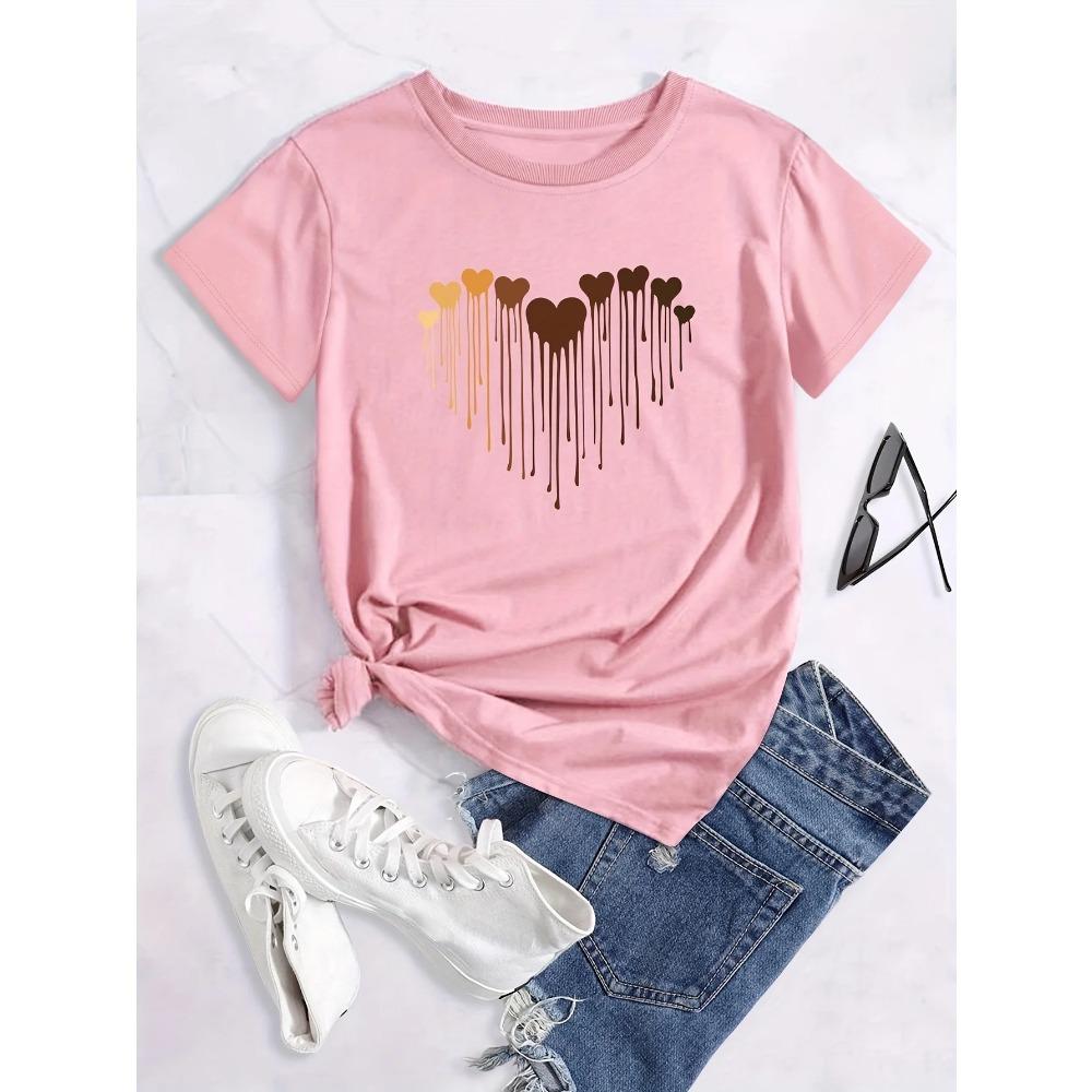 

Women s Casual T-shirt with Love Pattern Relaxed Chic Geometric Print Crew Neck Short Sleeve Urban Style Printed T-Shirt Y2K Top S