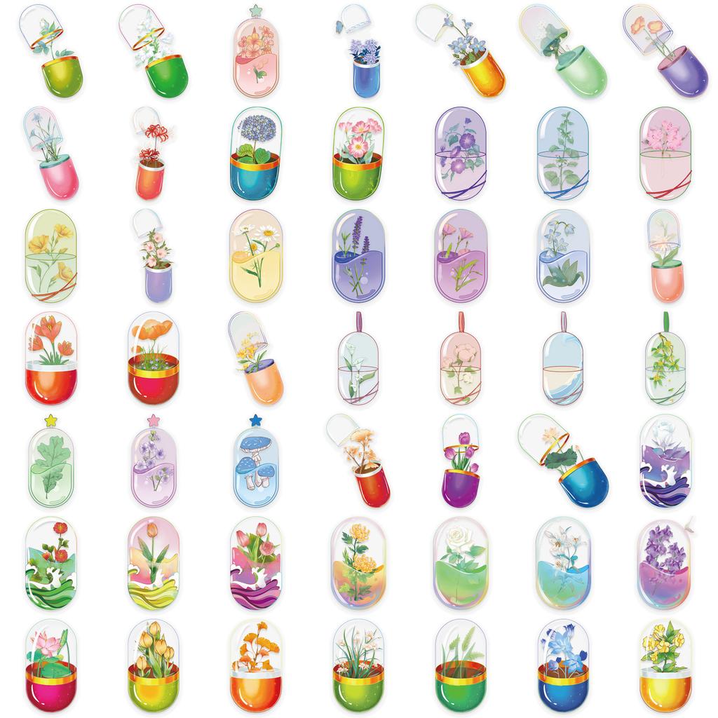 50 Transparent Cartoon Capsule Flower Sticker Pack Waterproof PET Manual Material Decorative Guitar Notebook