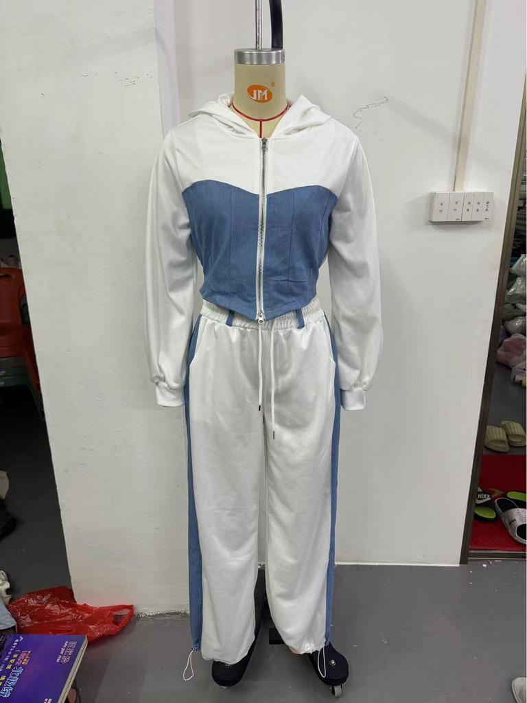 Women's European and American Style Patchwork Hooded Sweatshirt and Pants Set