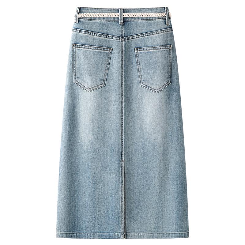 Summer 2025 Women's High-Waist Blue Denim Midi Skirt - Slimming A-Line for Pear-Shaped Bodies
