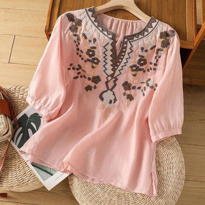 Women's Artistic Embroidered V-Neck Cotton Linen Top - Casual, Loose Fit, Slimming Short Sleeve