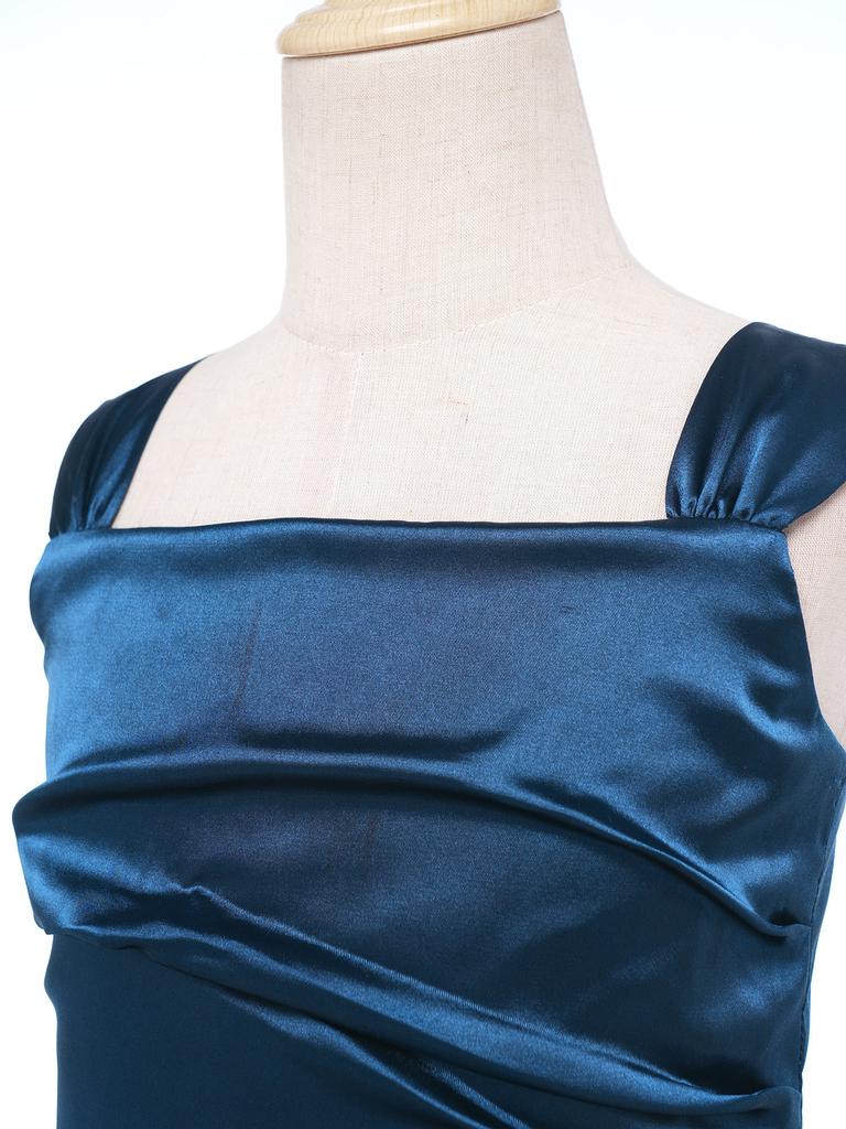 Robe de Soirée Satinée Fleurie pour Fille Sans Manches Corsage Froncé Taille Basse Asymétrique Robe Coupe A Ligne Fente Latérale pour Mariage Baptême