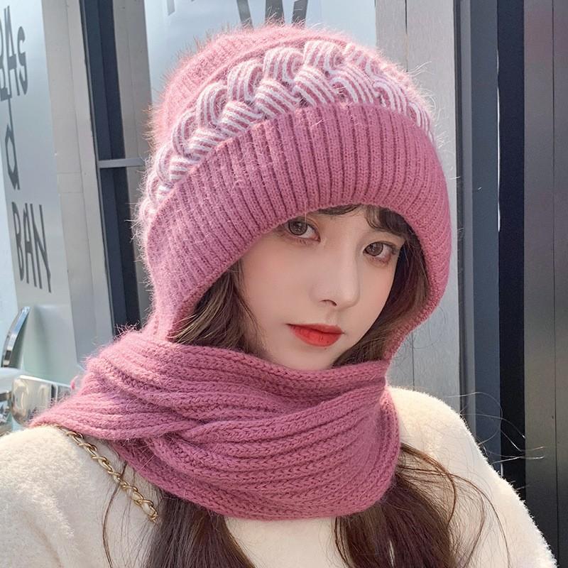 New Winter One-piece Knitted Hat Women's Thermal Hat Fleece Thickened Snow Hat Scarf Integrated Ear Protection Wool Hat