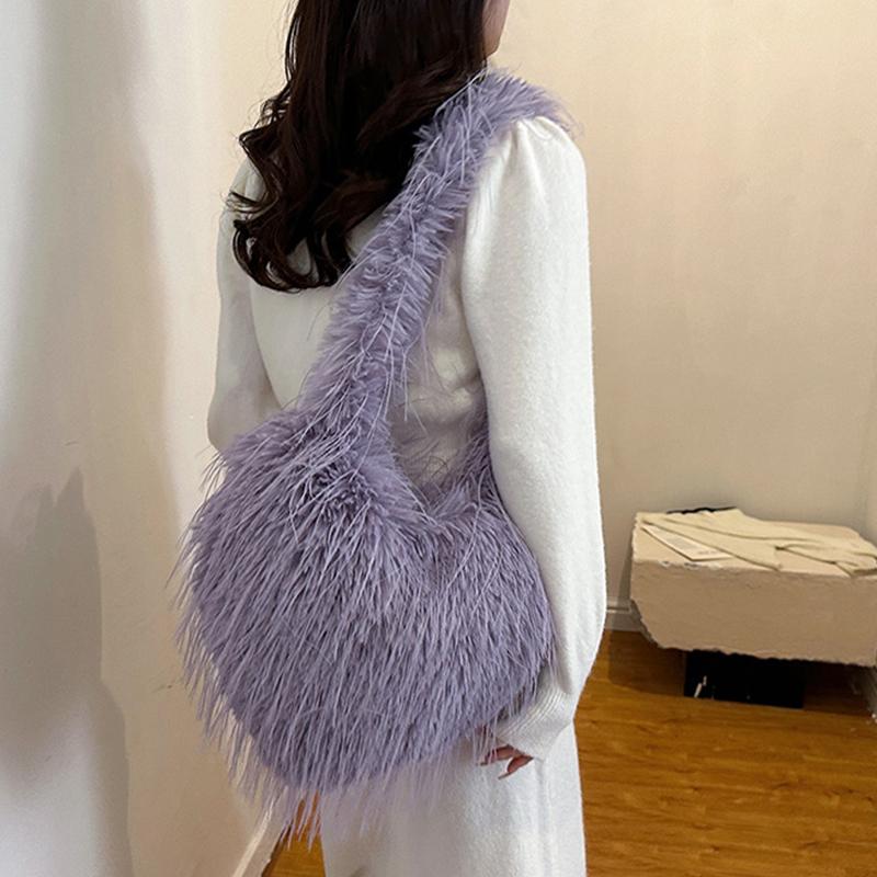 Yogodlns Long Plush Women's Large Shoulder Bag Luxury Faux Fur Female Love Shape Bags Y2k Punk Girls Fluffy Tote Handbags Crossbody Bag