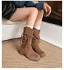 First encounter season retro wasteland wind fringed riding boots thick heel but knee long boots thin pile medium boots women