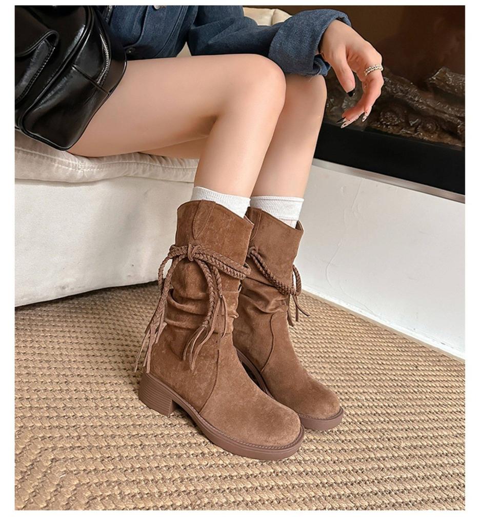 First encounter season retro wasteland wind fringed riding boots thick heel but knee long boots thin pile medium boots women