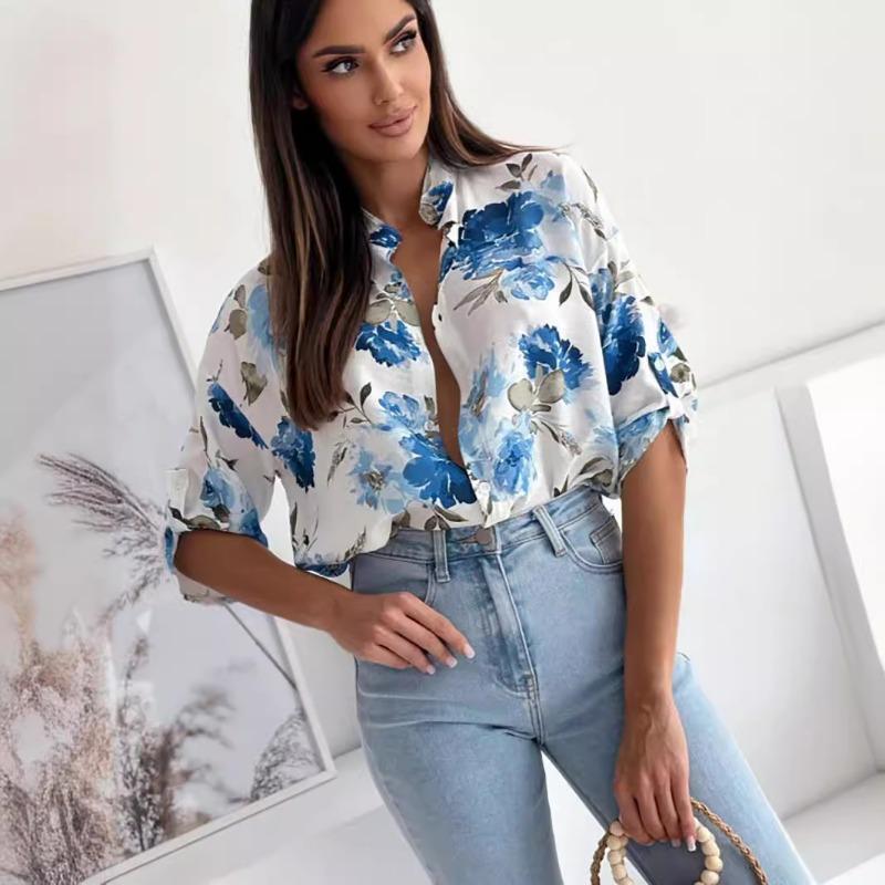Plus Size Printed Single Breasted Five Sleeve Shirt for Women