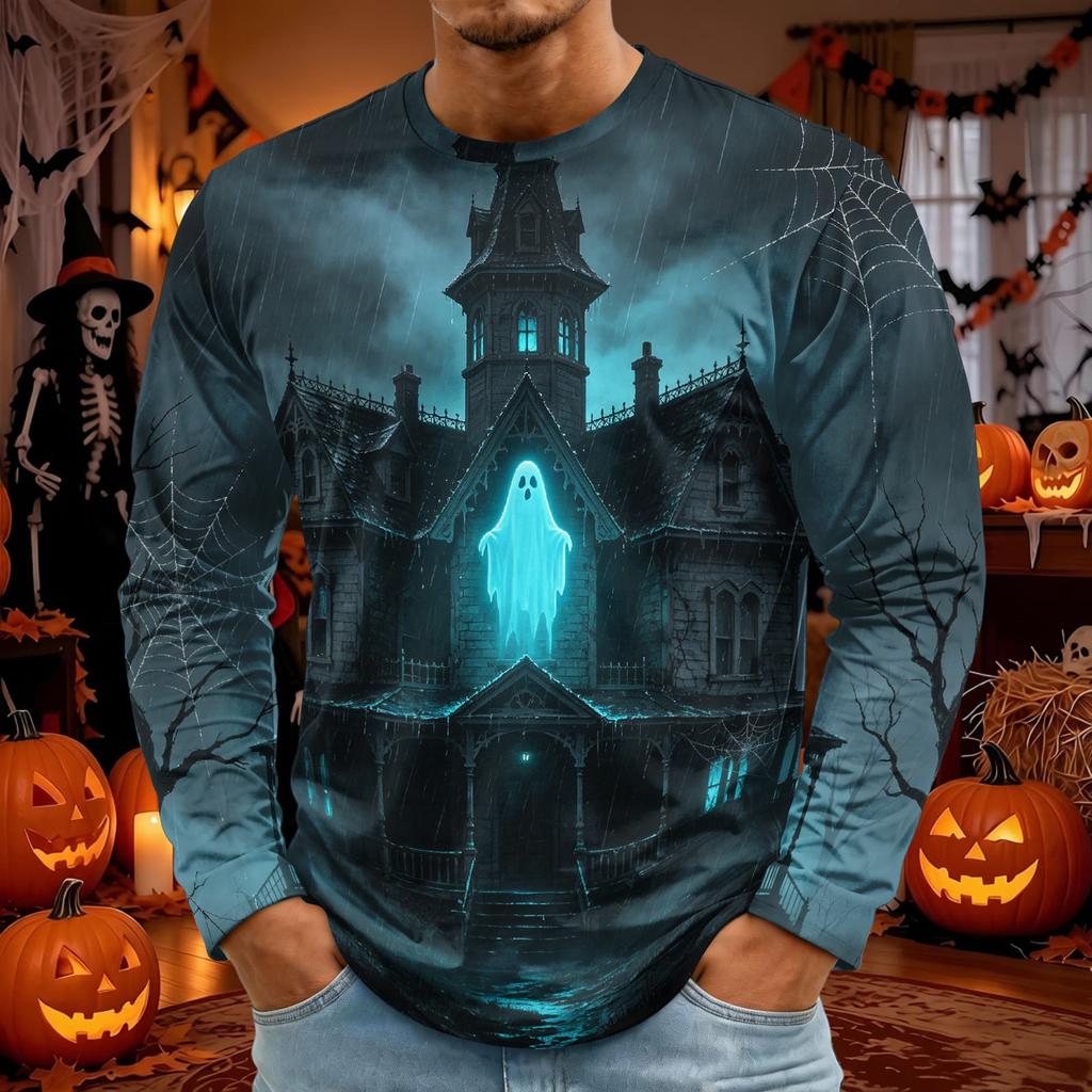 Men's Long Sleeve Halloween Print T-Shirt with Round Neck, Fashion Top for Halloween Events