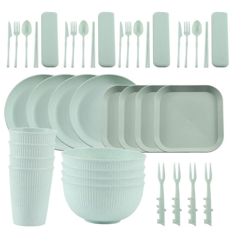 Nordic Wheat Straw Cutlery Set: Soup Bowl, Plate, Cup, Fork, Knife, Spoon, Gift.