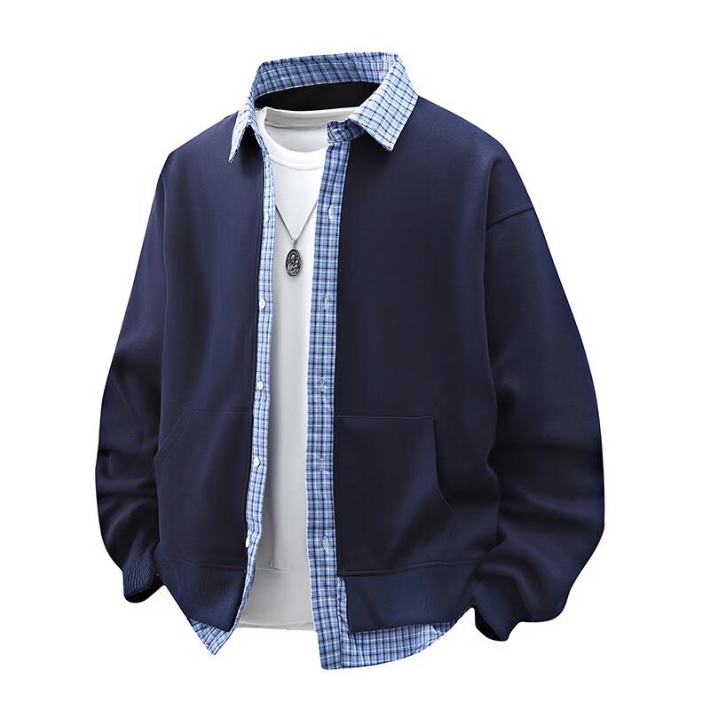 Men's Faux Two-Piece Plaid Patchwork Sweatshirt Jacket
