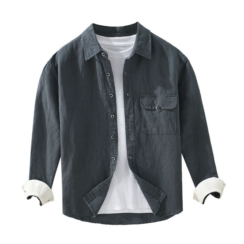 Foreign Trade Surplus Spring and Autumn Thin Linen Long-Sleeve Shirt for Men, Vintage Texture Square Collar Cotton-Linen Shirt, Loose Fit Jacket