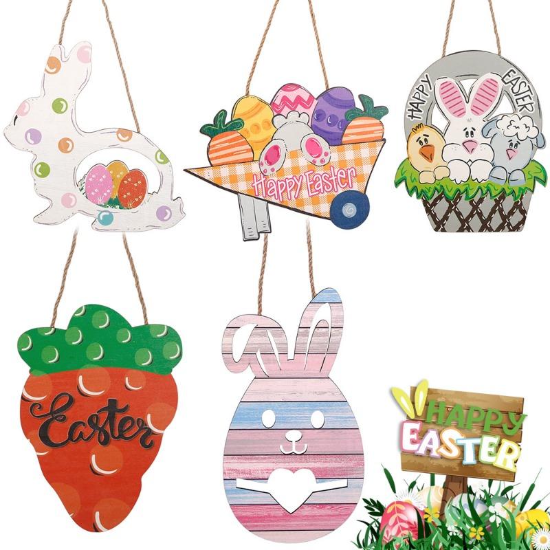 

Happy Easter Bunny Wooden Hanging Ornament Cute Rabbit Carrot Wood Pendants for Home Easter Party Door Wall Decoration Supplies