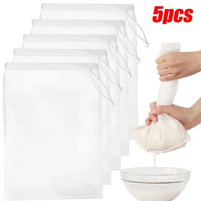 Nylon Milk Filter Bags 100Mesh Reusable Soy Yogurt Tea Beer Coffee Oil Food Filter Net Drawstring Kitchen Strainer Bag Colander