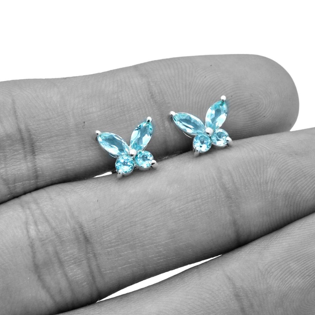 Minimalist 925 Sterling Silver Butterfly Stud Earrings: Blue Topaz