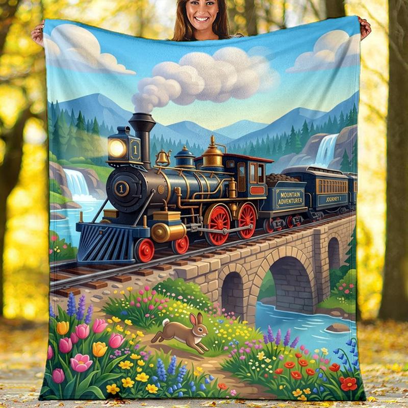 Vintage Steam Train Cartoon Scenery Fleece Printed Flannel Blanket, Warm Soft Throw Sofa Bed Blanket 80cm x 120cm