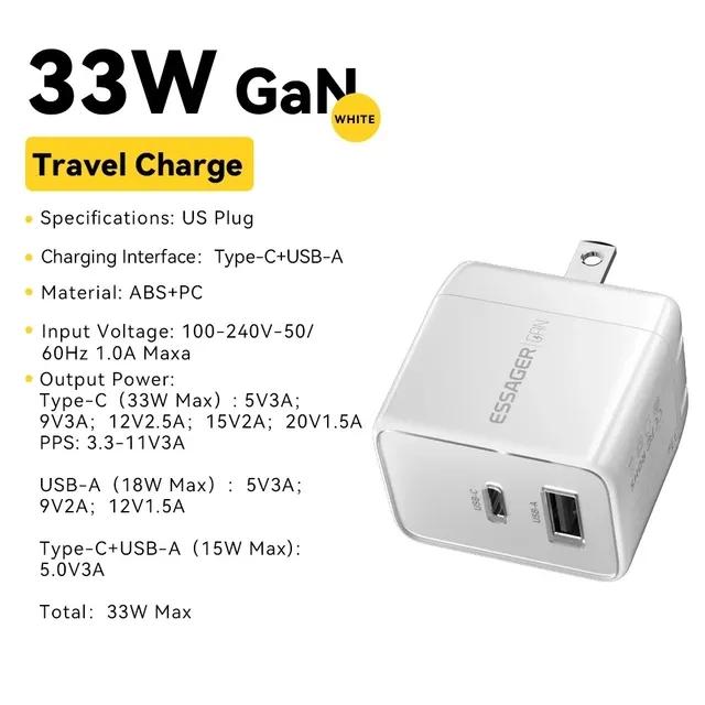 Essager 33W ammonifisert hjemmereiselader USB A + C