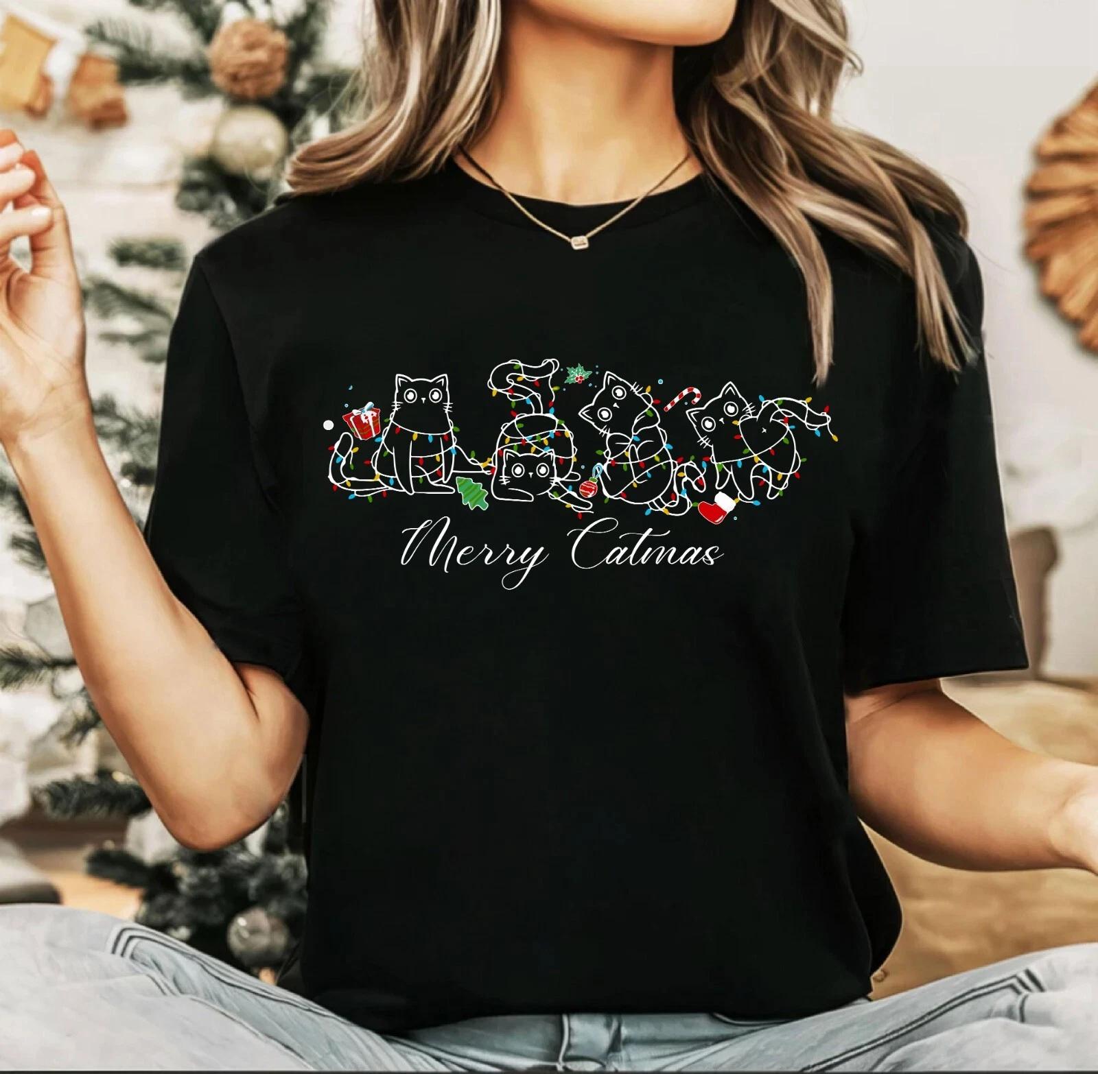 2024 Christmas unisex t-shirt, Night before Christmas party, Funky Cat S