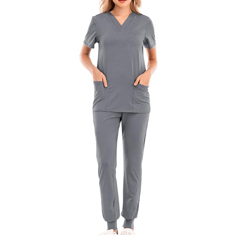 Unisex Pocket Hospital V-neck Fashion Scrub Suits Surgical Gown Uniform Set Joggers Solid Color