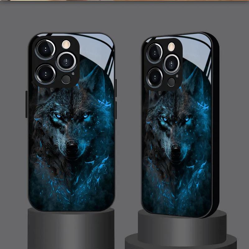 Midnight Wolf Shadow Pattern Tempered Glass Black Phone Case For Samsung Galaxy S23 S24 S25 Ultra Plus FE Shockproof Cover