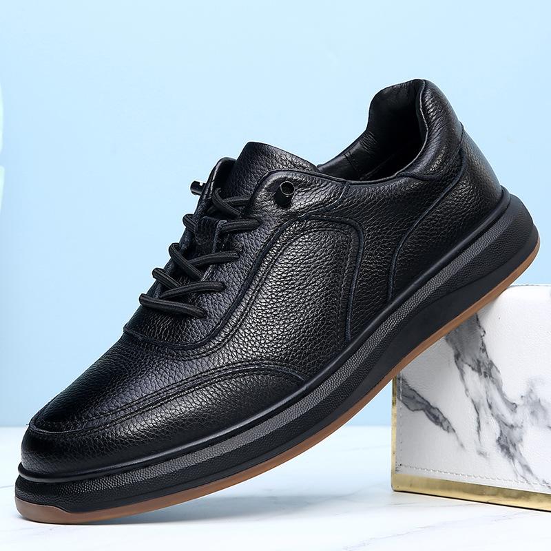 [Tie-free] First-layer Cowhide Board Shoes Men's Fashion Elastic Band Four-season Breathable Black Foot Cover Lazy Light Luxury Shoes