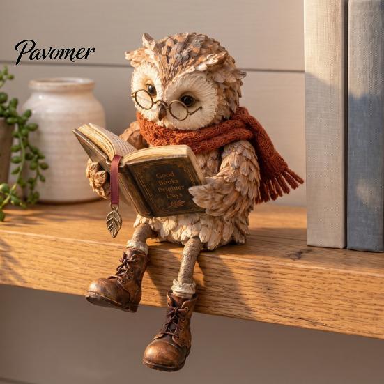 Owl Figurine for Bookshelf Reading Figurine, Creative Statue with Glasses Scarf Boots And Open Book, Woodland Theme Table Decor Sculpture Book