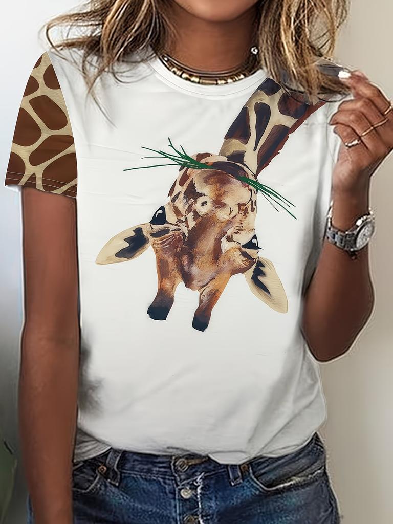 Rundhals Kurzarm Aquarell Giraffe Blumendruck T-Shirt Damen Outfits Lässig Tägliche Kleidung Sommer Damenkleidung
