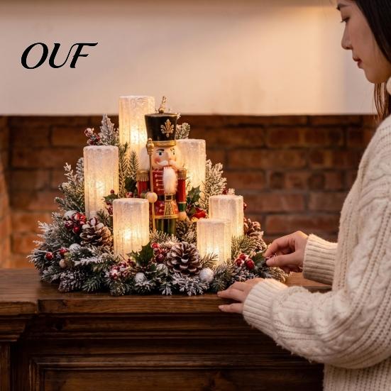 Holiday Gift for Her Christmas LED Candle Centerpiece with Artificial Cedar Pine Cones And Red Berries, Mantel Decorations Flameless Winter