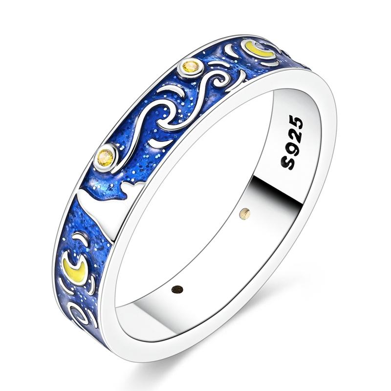 Original 925er Sterlingsilber Blauer Sternenhimmel Malerei Leuchtender Ring Für Damen Herren Schmuck Geschenk