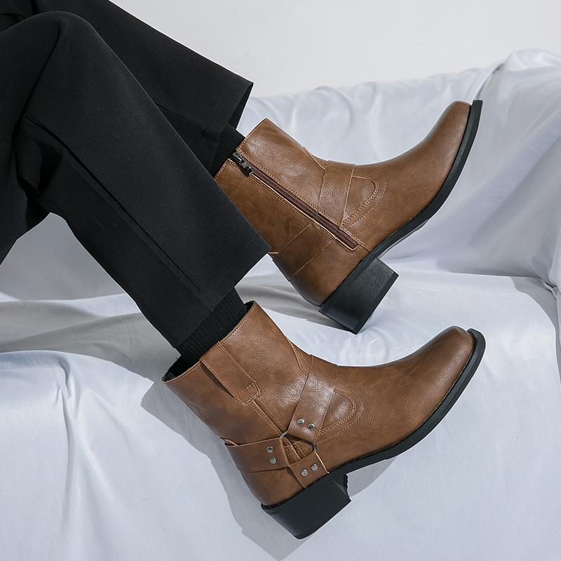 Fashion Square Toe Boots Men PU Solid Color Low Heel Comfortable Non Slip Classic Business Casual Men Short Boots
