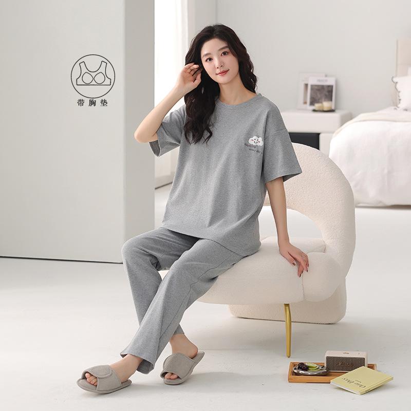 Pajamas women's summer pure cotton 1011 new models with chest pads, short sleeves, shorts, simple pullover, can be worn outside, loungewear set