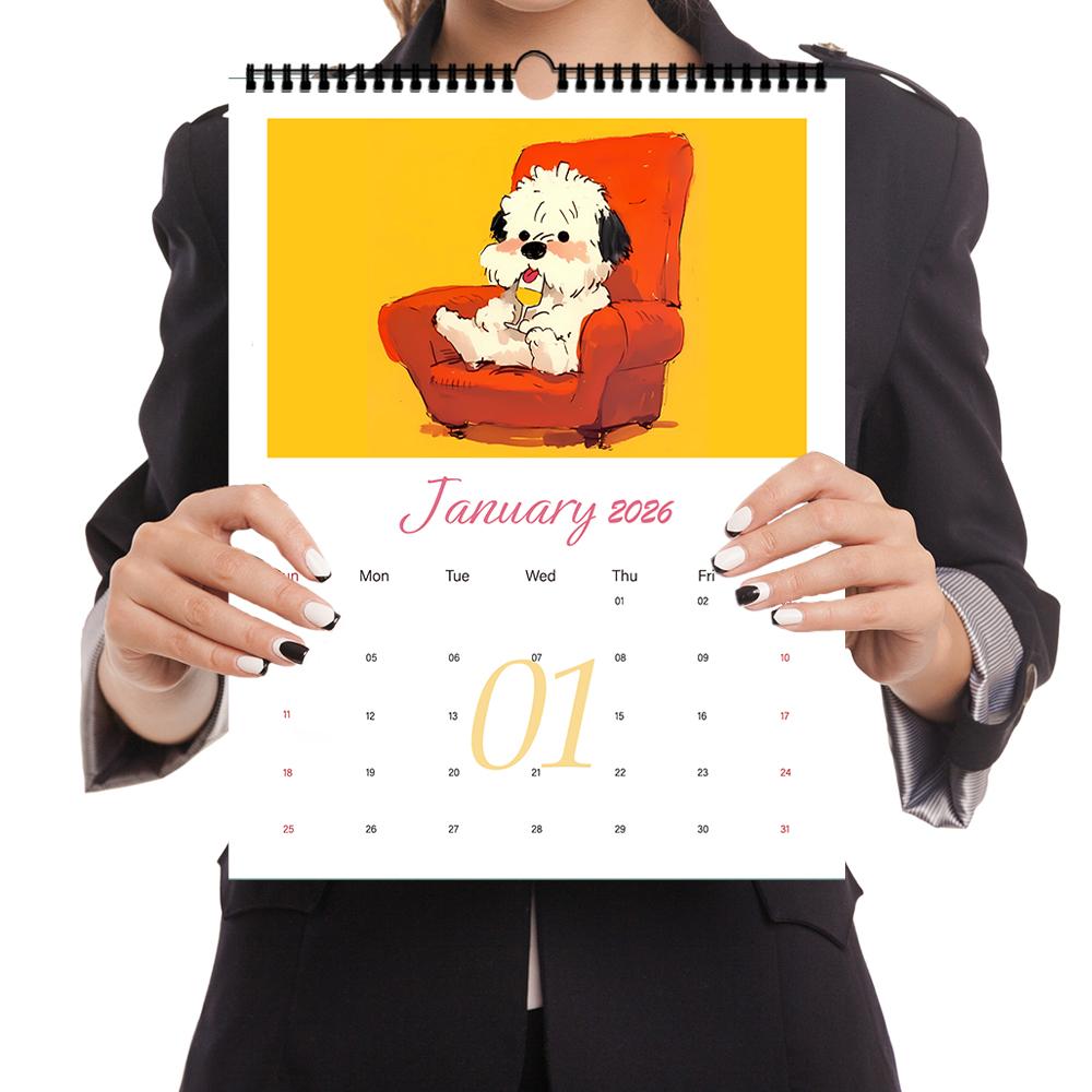 1pc 2026 Wall Calendar, Cartoon Hand-Drawn Dog Theme,12 Beautiful Designs, Perfect Gift for Birthdays, Christmas, New Year