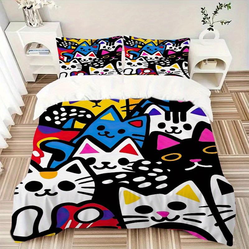 3pcs Colorful Cats Bedding Set, Ideal for Home Use, Suitable for Bedroom Decor (1*Duvet Cover + 1/2*Pillowcases, No Core) Yy250821232