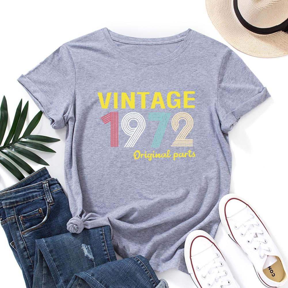 1972 Vintage Alphabet Cotton T-Shirt Short Sleeve Round Neck Women 2d Print Tops
