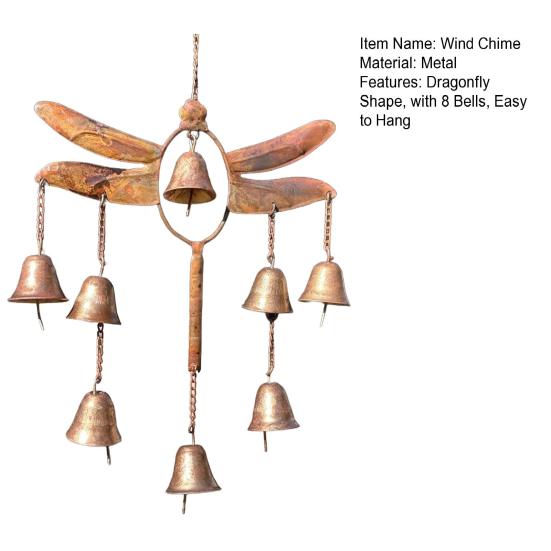 Dragonfly Wind Chime with 8 Brass Bells Weather-resistant Vintage Outdoor Garden Yard Patio Hanging Metal Wind Bell Decoration