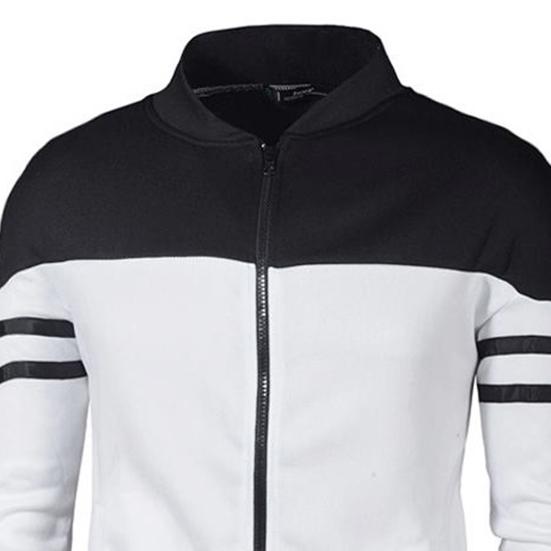 Men Autumn Coat Zipper Stand Collar Long Sleeves Contrast Colors Stretchy Hem Keep Warm Cardigan Color Matching Plush Plus Size Fall Coat for Daily