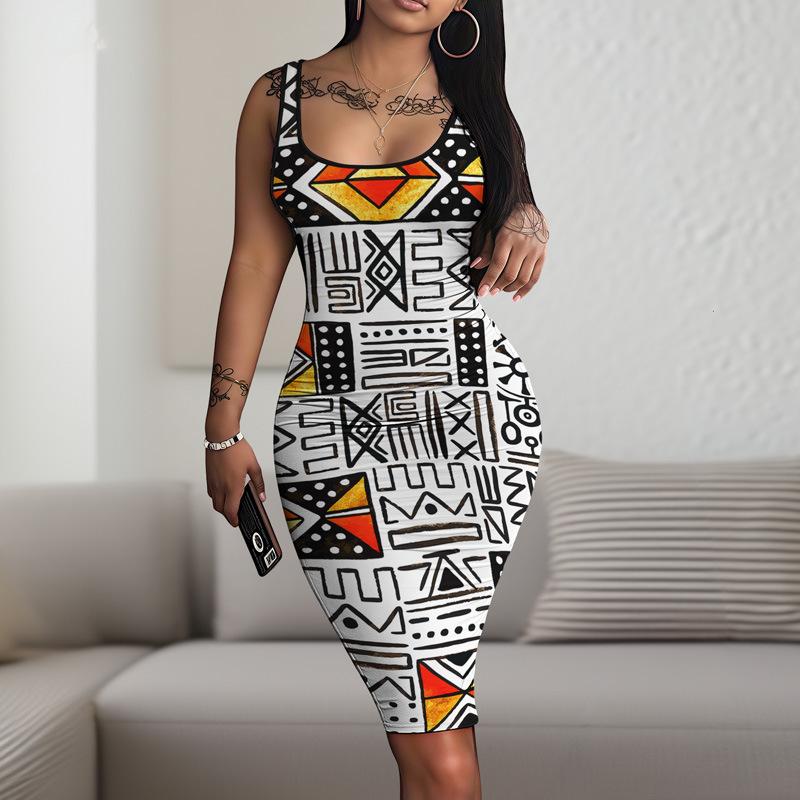 Neuer Retro-Casual-D-Digitaldruck Rundhals Ärmellos Hüftrock WQ