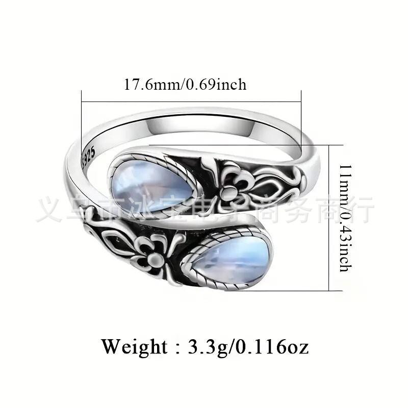 Moonstone Spoon Ring Black Agate Victorian Vintage Embossed Texture Bohemian Index Finger Ring