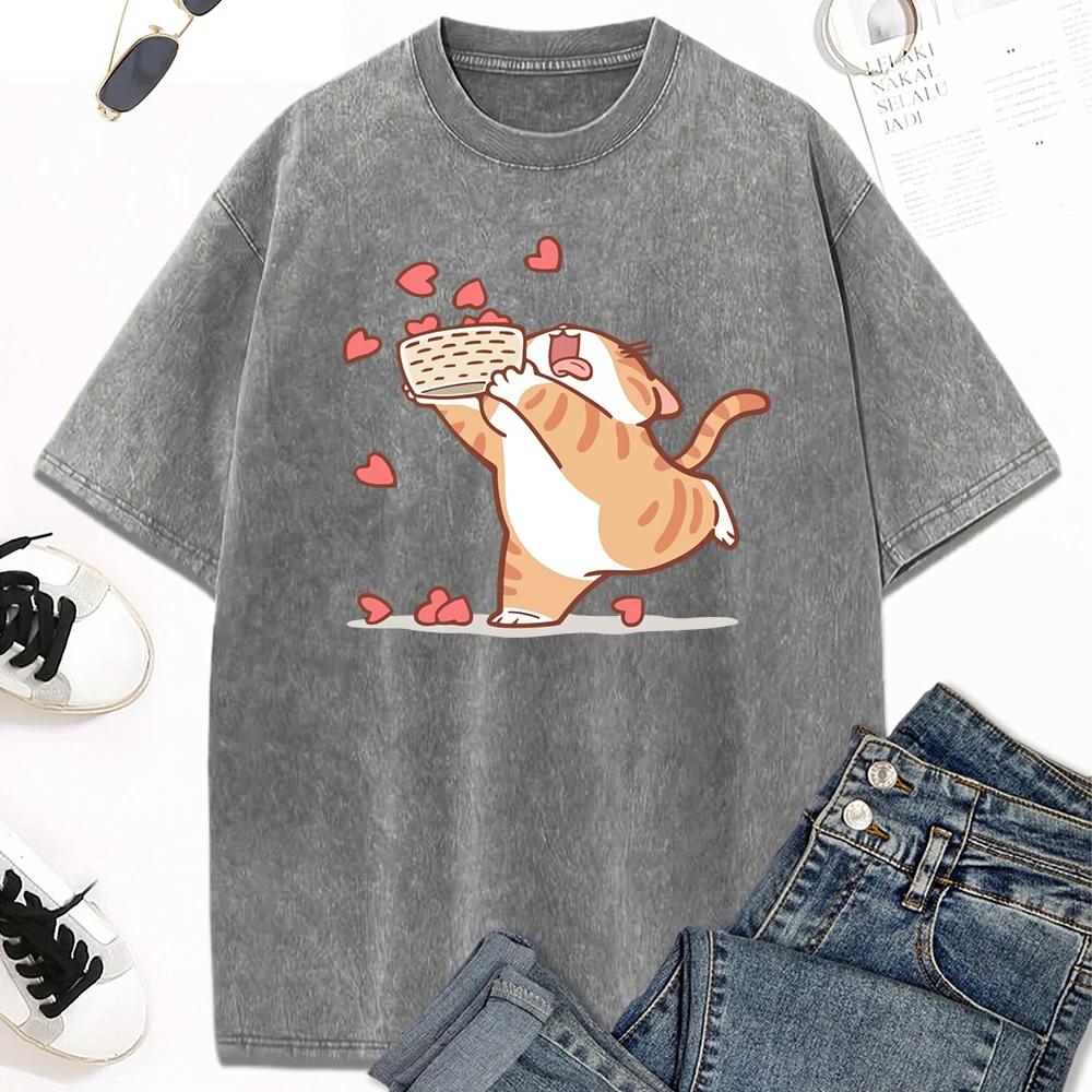 Collect Love Cartoon Cat Print Washed Vintage T-shirt Men's and Women's Summer Casual Clothes Fashion Casual T-shirt