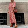 Women Bohemian Floral Print Dress V Neck A Line Maxi Beach Dress with Puff Sleeves Casual Loose Printed High Waist Swing Hem Dress for Beach Party