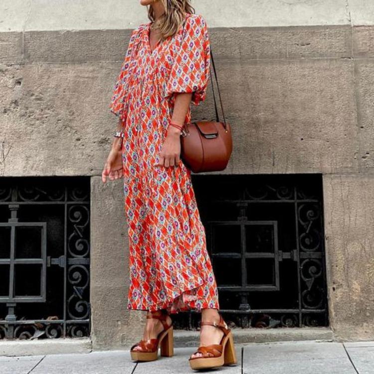 Women Bohemian Floral Print Dress V Neck A Line Maxi Beach Dress with Puff Sleeves Casual Loose Printed High Waist Swing Hem Dress for Beach Party