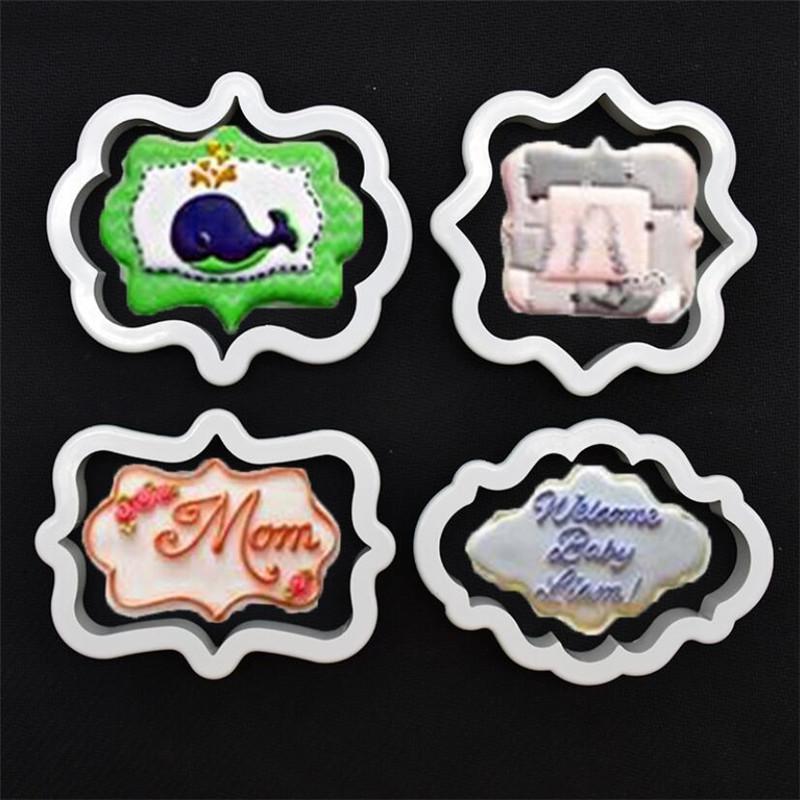 4Pcs/Lot Vintage Plaque Frame Cookie Cutter Set Plastic Biscuit Mould Cake Decorating Tools Stainless Steel Cookie Mold