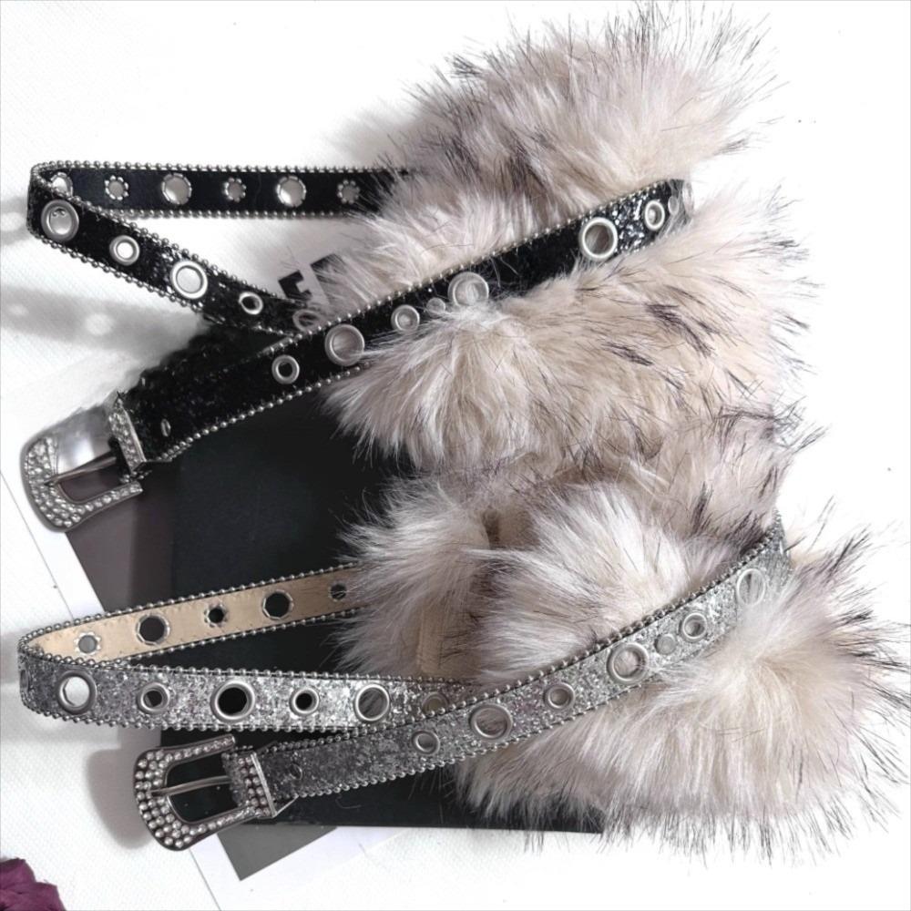 Y2K Furry Waistband Rhinestone Plush Waist Belt Fashion Leather Fur Belt  Daily
