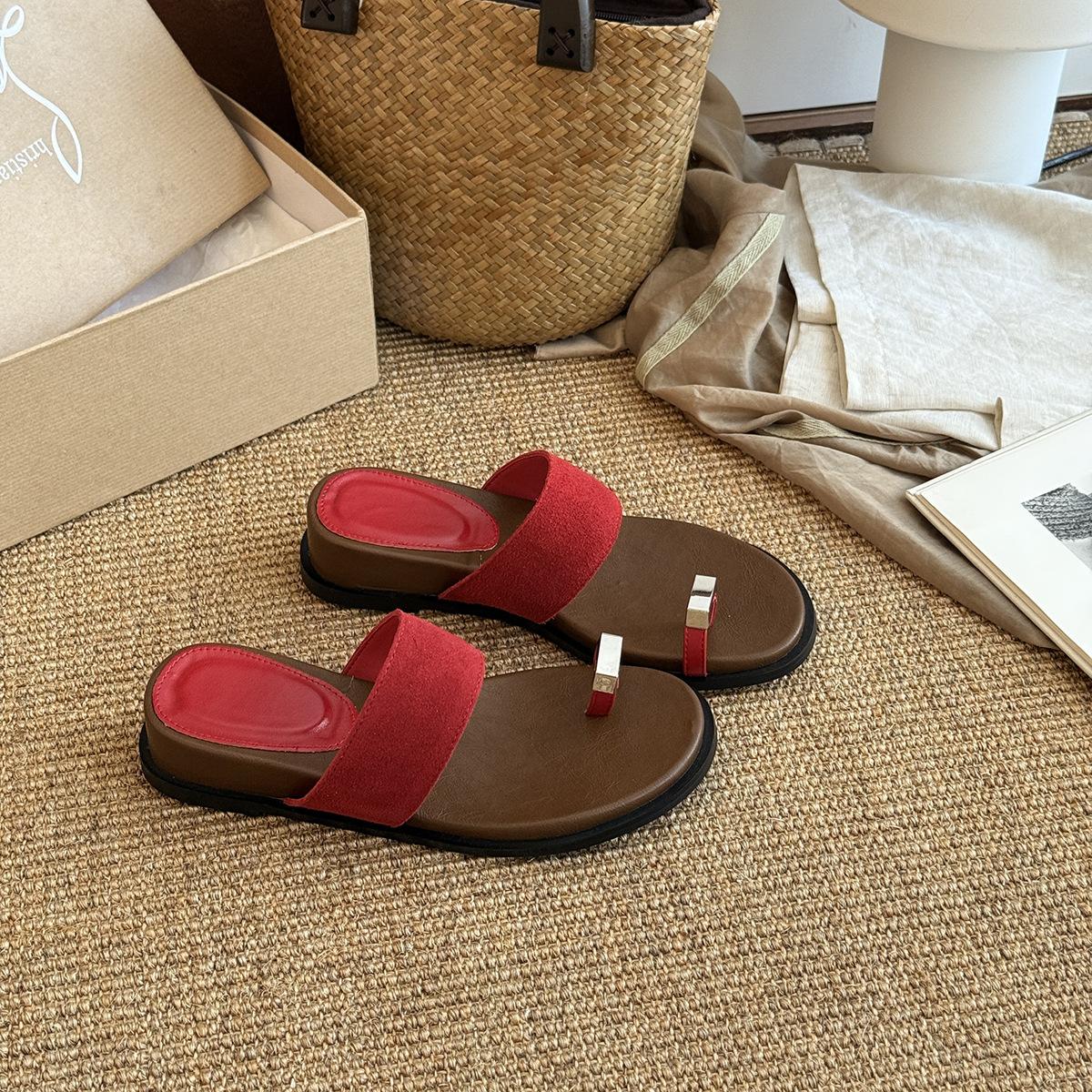 

Cowhide version of grape mother~ height increase of 4cm with outer wear versatile set toe herringbone flat bottom toe cool slippers female summer 40