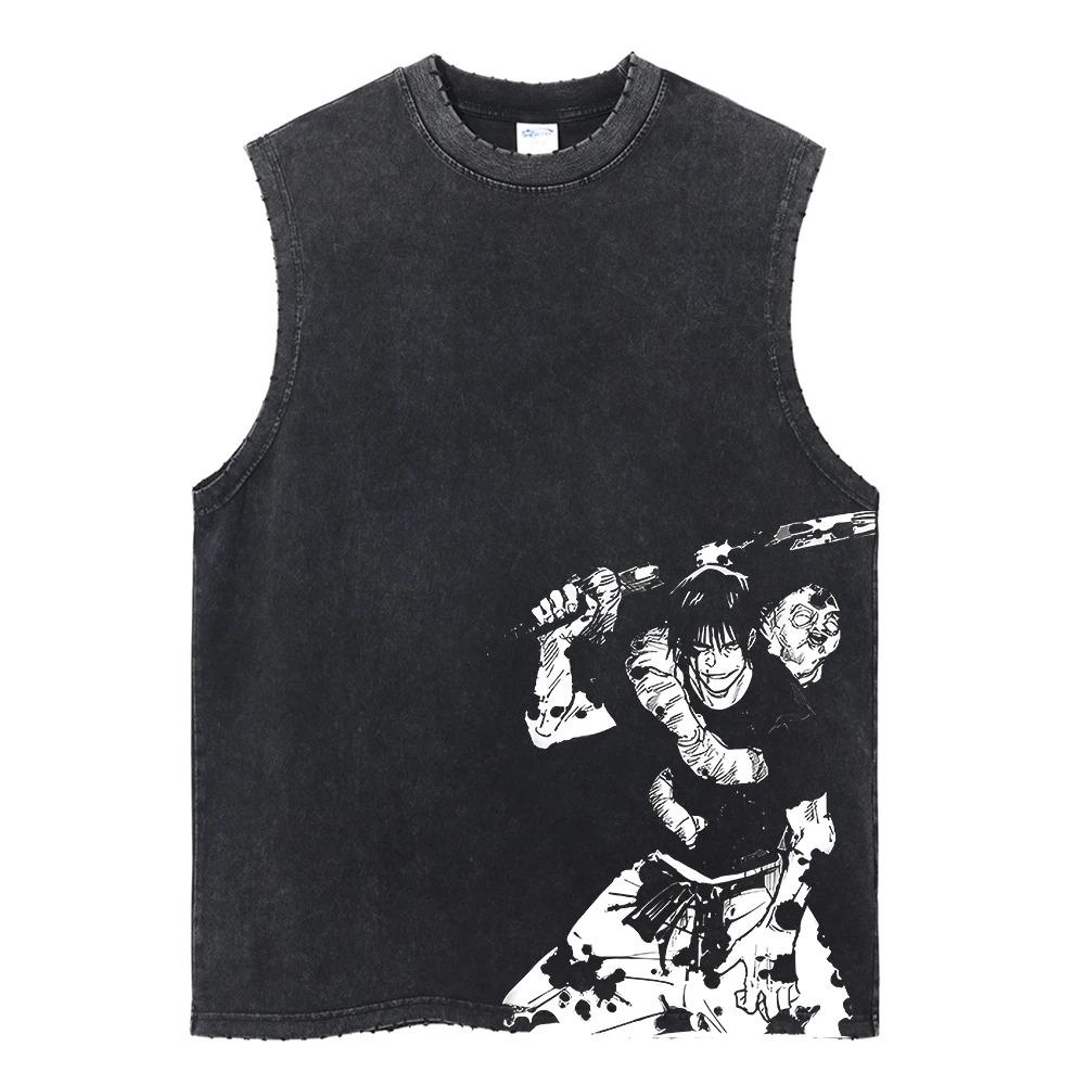 Summer Men Vintage Streetwear Sleeveless T-Shirts Cotton Tops Tees Washed Anime Print Casual Tops Oversize Tank Top