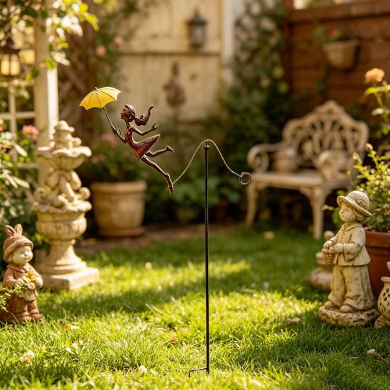 Rustic Metal Girl Balance Garden Stake Vintage Kinetic Balancing Sculpture Yard Art with Umbrella for Outdoor Park Lawn Patio Decor