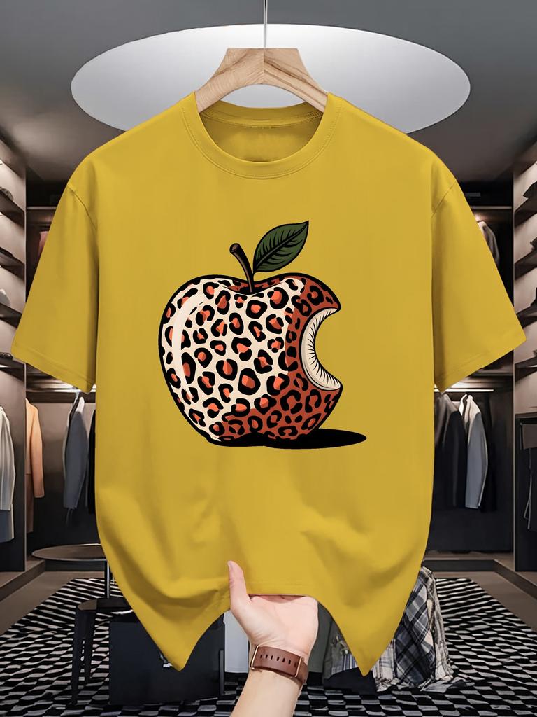 Unisex Crew Neck Tee Leopard Print Bitten Apple Art Graphic Print Soft Cotton Loose Short Sleeve Summer Casual Male Streetwear Tops
